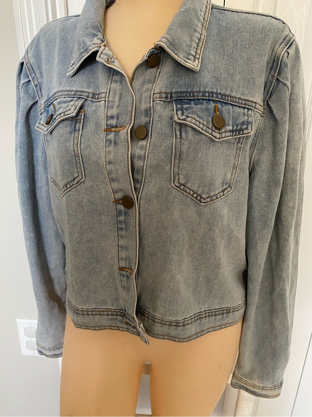 Light Wash Blue Women's Denim Jean Jacket with puffy shoulders